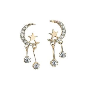 Diamond Moon and Star Dangle Stud Earrings